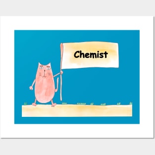 Chemist. Profession, work, job. Cat shows a banner with the inscription. Watercolor illustration. A gift for a professional. Posters and Art